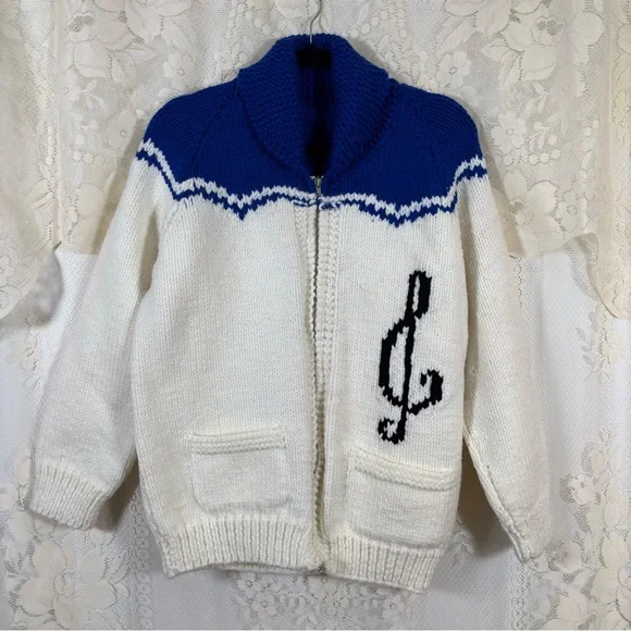 Vintage 70s Cowichan Blue and White Zip-Up Cardigan Music Dancer Size Medium - Picture 3 of 9
